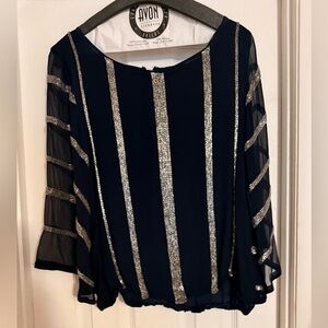 Alice + Olivia Navy 100% Silk Beaded Blouse New With Tags Size L